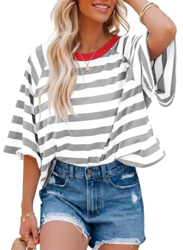 Chicrise Damen Oberteile Sommer Oversize Gestreift Kurzarm T-Shirt Rundhals Casual Mode Ringelshirt Grau Weiß X Groß 46-48