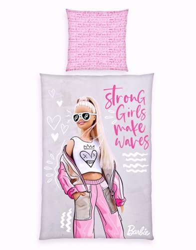 Herding Renforcé Wende Bettwäsche 2 TLG. 135x200cm Barbie Strong Girls Make Waves Rosa Grau Herz