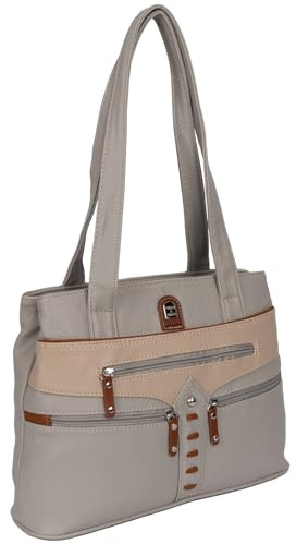 EAAKIE Damen Tasche, Schultertasche, Handtasche, Umhängetasche mit Leder Optik und vielen Fächern (HELLGRAU)
