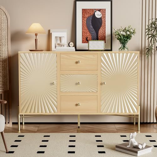 ModernLuxe Schrank Sideboard, 123,5 cm Länge, 2-türig mit 3 Schubladen, einzigartiges Sonnstrahlen-Design, Soft-Close, verstellbare Metallfüße, ideal für Wohnzimmer und Flur