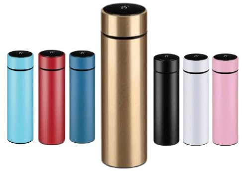 Botella termo 500 ml con Display LED Táctil de Acero Inoxidable | Mantiene la temperatura hasta 12 horas Calor/Frío (Dorado)
