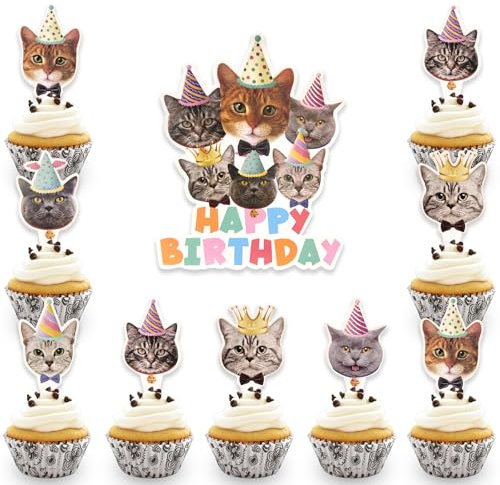 DazzJoy 25 Stück Happy Birthday Tortendeko Katze Deko,Katzen Cake Topper Geburtstag,Katzen Geburtstag Deko Torte,Happy Birthday Kuchendeko,Tortenaufleger Muffin Deko