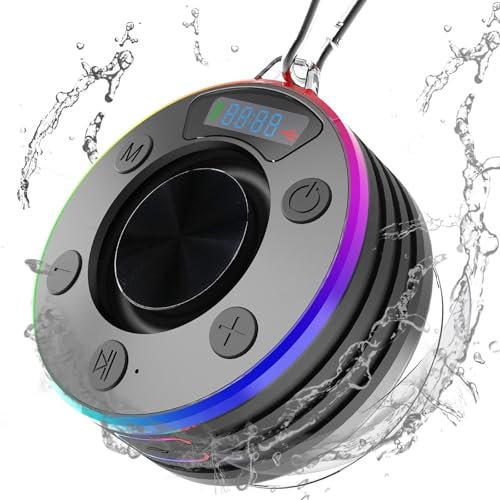 Enceinte Douche Bluetooth 5.3, Lumières LED Colorées Enceinte Bluetooth Etanche IP7, Enceinte Bluetoth Mini-Portable avec Appel Bluetooth, 360° Stéréo Enceinte, Radio FM, pour Soirées Plage, Randonnée