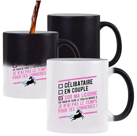 Otshirt Tasse Magique Célibataire avec ma Licorne | Mug qui change couleur avec la chaleur | Idée Cadeau Copine Sœur Humour Drôle Marrant Original Anniversaire Fête