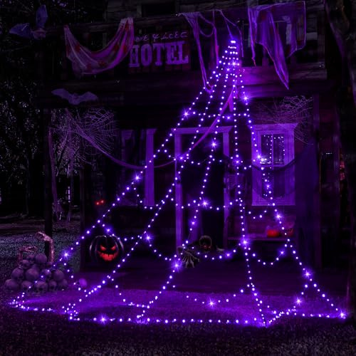Ollny 3x3M 266 LEDs Halloween Spinnennetz IP67 8 Modi Dimmbar Timer Lila | Lichterkette mit Fernbedienung, Stecker, Memory-Funktion, Wasserdicht für outdoor Halloween-Deko, Haushof, Garten, Tür