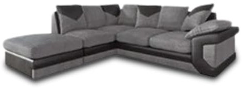 Corner Sofa - Jumbo Cord L Shape Settees - Modular Settees Matching Moveable Footstool - Comfortable 5 Seater Suite - 3 Seater 2 Seated Set for Living Room (Grey & Black, Right Hand Side)