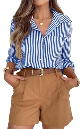 Women's Striped Button Down Shirts Casual Long Sleeve Lapel Neck Tops Elegant Office Work Tunic Blouses UK