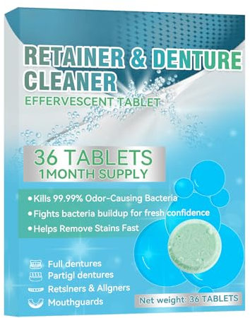Retainer Lot de 36 pastilles de nettoyage mensuelles pour prothèses dentaires, purificateur de bouche pour rétentions, aligneurs, protège-dents, attelles de nuit et prothèses dentaires