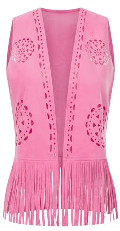 Women's Fringe Faux Suede Vest Casual Open Front Sleeveless Tassel Hippie Jacket (Be Fuchsia, XL)