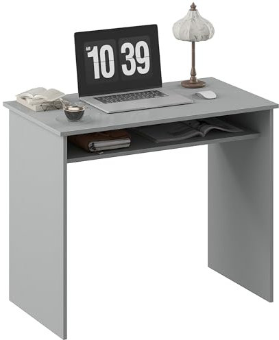 HOMCOM Modern Computer Desk, Home Office Table, Small Writing Desk with Storage Shelf, 90 x 50cm, Grey