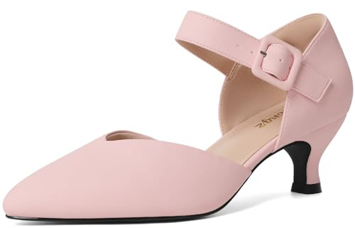 RIBONGZ Comfortable Kitten Heels for Women Pointed Closed Toe Ankle Strap Buckle Heels Slip on Low Heel Church Pumps Wedding Bridal Party Dressy Shoes, Pink, 8.5 UK