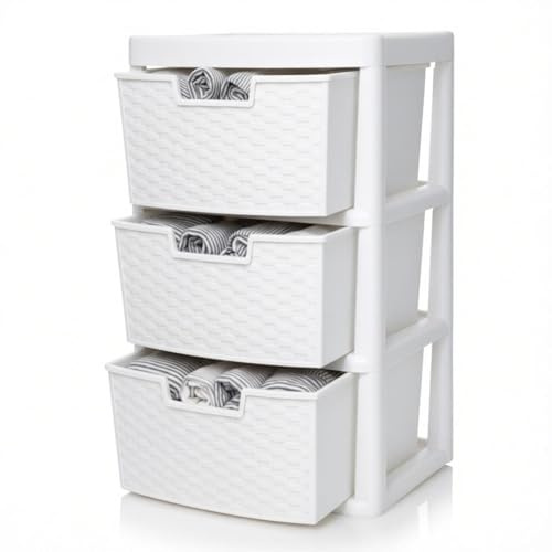 SIDSONS - Large Plastic Rattan Drawer Storage Unit for Home Bedroom Bathroom Kitchen Organiser Stackable Drawers Durable Storage Solution Space Saver and Easy Access Storage - (Rattan White, 3 Tier)