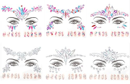 6 Pcs Face Gems Stickers & Nail Gems Stickers,Rhinestone Glitter for Eyes,Face Gems Temporary Tattoos Sticker for Music Festival Holiday Rave Party Halloween Christmas Birthday Carnival