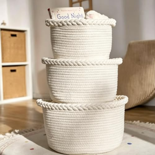 Aufbewahrungskorb Set - 3 PCS Geflochtener Korb Weiß mit Griff, Stapelbare Mehrzweck-Organisations Behälter, Geschenkkorb Baby, Geflochten für Kinderzimmer(Style - B)