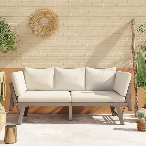 Merax Gartenmöbel 3-Sitzer Sofa mit Liegefunktion, Outdoor Sofa Balkonmöbel mit Klappbaren Armlehnen, Gartenliege Sonnenliege mit Auflagen, Terrassenmöbel Metall verzinkt, Lounge Sofa Garten Beige