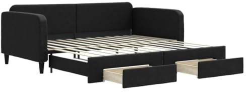 Yisssmeng Ausziehbares Tagesbett 100x200 cm Stoff Schwarz mit 2 Schubladen Klappbett Schlafsofa für Gästezimmer Jugendzimmer Wohnzimmer