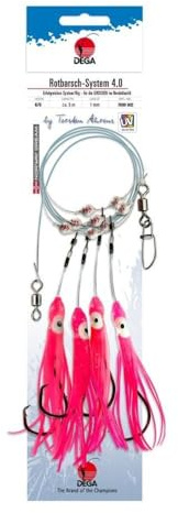 DEGA Rotbarsch-System 4.0 by Torsten Ahrens, Tiefsee-Meeresvorfach, 4 Seitenarme, 6/0 Circle Hooks, UV-/Luminous-Perlen, 1,00 mm, 5,0 m
