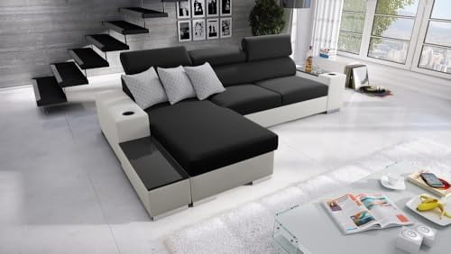 IM SOFA kleines Ecksofa L-Form mit Schlaffunktion PERS I Maxi – Moderne Eckcouch Wohnlandschaft kompakt (Schwarz Sawana + Weißes Kunstleder, Links)