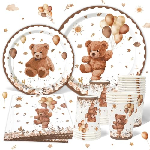 Vaisselle Jetable Anniversaire Ourson, 96 Pièces Assiette Jetable Anniversaire Ours Garcon, Ourson Vaisselle Enfant, Assiettes Carton Tasses Serviettes pour Decoration Anniversaire 1 An 24 Invités