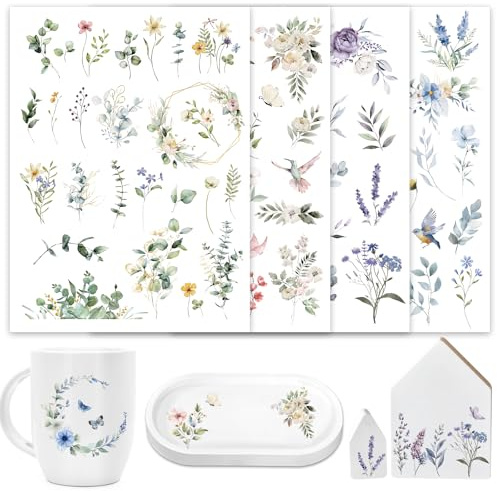 4 Blätter Rub On Sticker Eukalyptus Blumen Transferaufkleber mit Eukalyptusblätter Pflanze Blumenkranz Rub Ons Sticker zum Basteln und Dekorieren für Scrapbooking Möbel Glas Holz Keramik