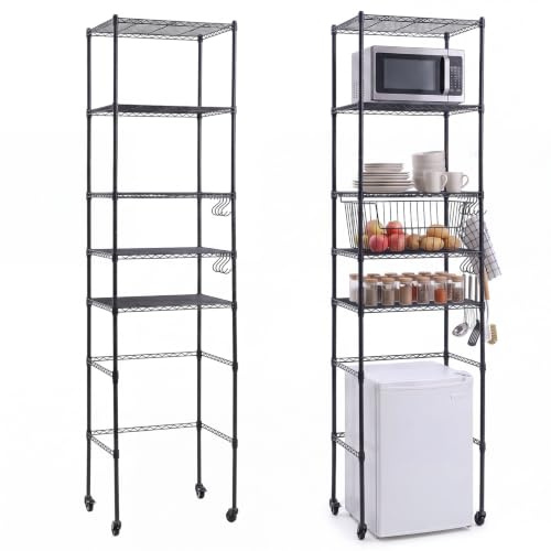 AceOrbit 5Tier Over Fridge Storage Rack with Wheels 90.5 Tall Adjustable Metal Shelving Unit Maximize Saving Refrigerator Organizer with Hooks PP Shelf Liners Anti Tip Kits for Kitchen Laundry(Black)