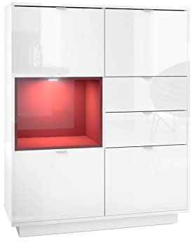 Vladon Highboard Sideboard Metro, Made in Germany, Korpus in Weiß Hochglanz/Fronten in Weiß Hochglanz mit Einsatz in Bordeaux Hochglanz, inkl. LED Beleuchtung