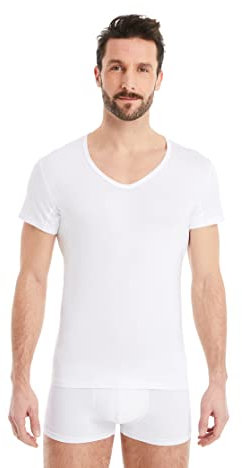 FINN Herren Funktions-Unterhemd mit V-Ausschnitt - Anti-Schweiß Shirt mit Einsätzen gegen Schweißflecken - Kurzarm Unterziehshirt Männer aus original Lenzing® Modal Stoff Weiß Weiss XXL