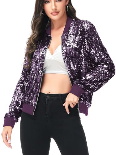 Anna-Kaci Damen Glitzer Pailletten Dünne Rib Rop Langarm Reißverschluss Bomberjacke Fliegenjacke Bikerjacke Jacke, L, Lila