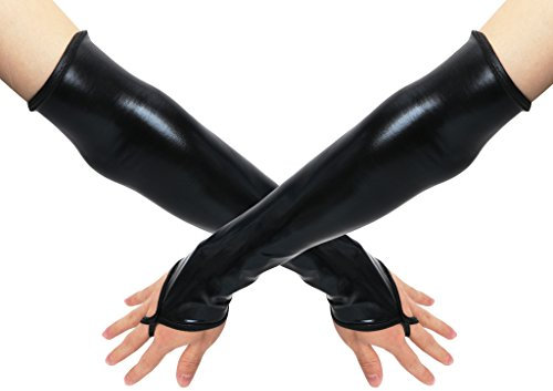 JOYKK Sexy Long Black Metallic Feel Handschuhe Kunstleder Armstulpen Kostüm - Schwarz