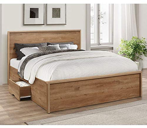 Rustic Oak Wooden Storage Bed, Happy Beds Stockwell 2 Drawer Bed - 5ft UK King (150 x 200 cm) Frame Only