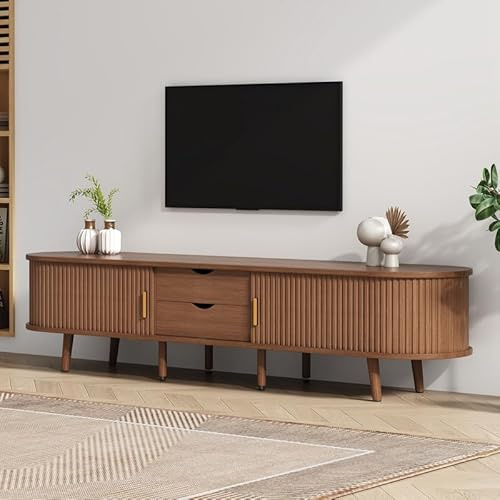 ZODICK Ovales TV-Schrank in dunklem Nussbaum, Lowboard-Schrank mit 2 Schiebetüren und 2 Schubladen, verstellbaren Füßen, TV-Schrank für Fernseher bis 75 Zoll, 175x40x42cm, Nussbaum