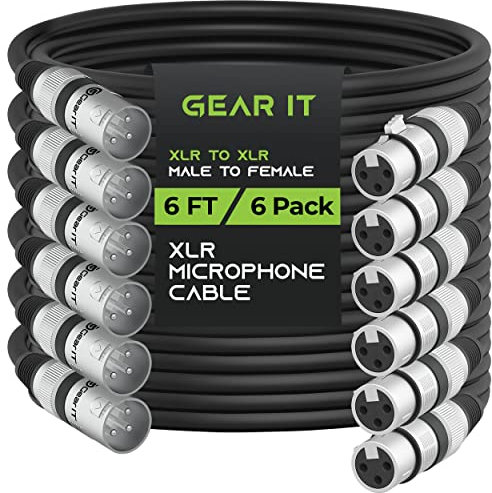 GearIT XLR Microphone Cable (6 Feet, 6-Pack) Male to Female 3-Pin Balanced Shielded Cable for Mic Mixer, Recording Studio, Podcast - Black, 6ft