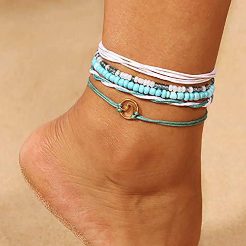 Edary Boho-Fußkettchen-Set, weiße Schildkröten-Anhänger, Fußkettchen, Perlen-Fußkette, Strandfuß-Schmuck, Zubehör für Frauen und Mädchen