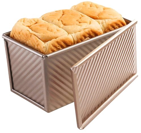 Cayanmydery Pullman Kastenform mit Deckel, antihaftbeschichtet, goldfarben, gewellter Karbonstahl, Brot-Toastkastenform mit Deckel zum Backen von Brot, 0,5 kg Teigkapazität