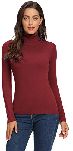 Avacoo Pull à col roulé Basique à Manches Longues pour Femme, Rouge Bordeaux, 38/M