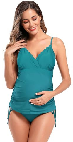 SHEKINI Maillots de Bain Femme Deux Pièces Maternité Élégant Bord Festonné Désign Contrôle Abdominal Réglable Bikinis Enceintes Tankini 2 Pièces Triangle Bas de Bikini (L, Vert foncé)