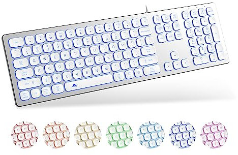 POWZAN - Tastiera in alluminio silenziosa con cavo retroilluminato, sottile Chiclet, compatibile con Apple iMac, MacBook, Mac e PC, tastiera USB, tastiera numerica RGB, colore: Bianco argento