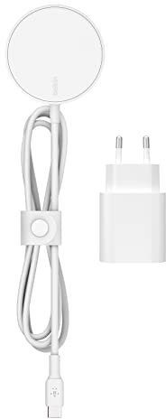 Belkin Caricatore MagSafe, Caricabatterie wireless magnetico (alimentatore da 20 W incluso con cavo lungo 2 m per modelli iPhone 14, iPhone 13, iPhone 12 e altri dispositivi con MagSafe) - Bianco
