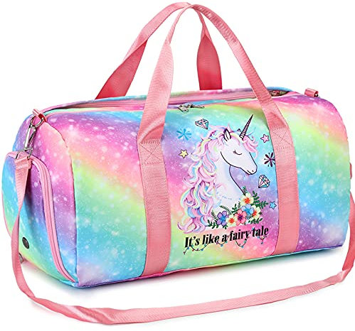 BTOOP Reisetasche für Mädchen, Kinder, Fitnessstudio, Sport, Damen, Workout, Reisetasche, Wochenendtasche, mit Schuhfach und Nassfach, Märcheneinhorn, L, Sportlich
