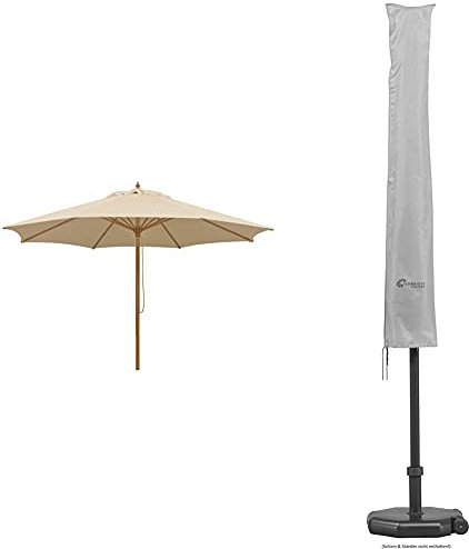 Parasol Schneider Malaga, Natural, Aprox. 300 cm, 8 Piezas, Redondo + Funda Protectora para Parasol, Gris Plateado, hasta Aprox. 300 cm