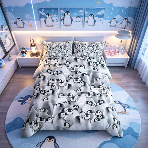 Loussiesd Penguin Bedding Set Kids Cute Polar Animal Comforter Cover Set for Boys Girls 3D Penguins Duvet Cover Breathable Black White Funny Wildlife Bedding & Linen Super King