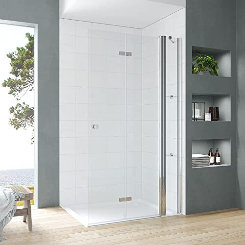 Walk in Duschglas 95 cm Duschabtrennung faltbare Duschwand für Ebenerdige Dusche Duschtür mit Festteil und Eckregalen Falttür Drehfalttür Sicherheitsglas 5 mm klar | Öffnungsseite OHNE Wandprofil
