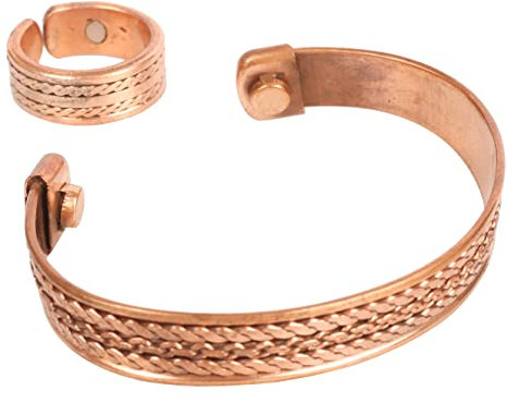 Touchstone Braccialetto magnetico in rame forgiato a mano con filo a spirale solido e di alto spessore intrecciato modello minimalista elegante braccialetto in rame puro e anello abbinato., 7 inch,