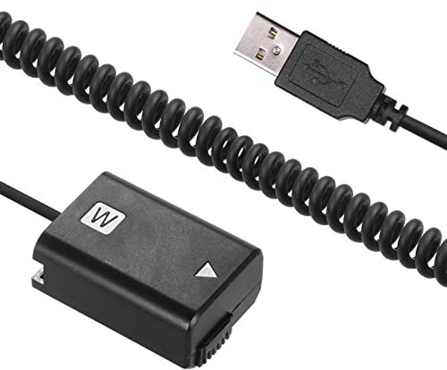 Andoer Adaptador de batería ficticia USB NP-FW50 de 5 V con cable flexible en espiral, compatible con Sony ZV-E10, A7, A7II, A7R, A7SII, A7S, A6300, A6400, A6500, A6000, A5000, A3000, NEX5, NEX3 y