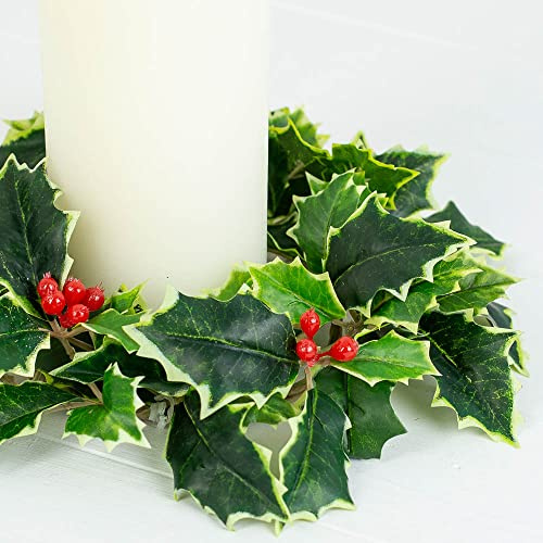 Weather‑Resistant Variegated Holly Candle Ring with Red Berries 10 Dia