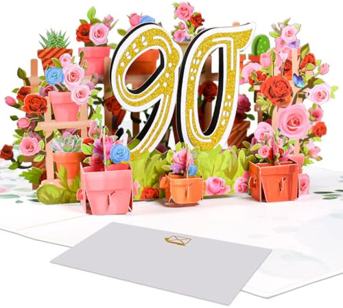 3D Pop-Up Karte zum 90. Jubiläum oder Geburtstag | Gartenmotiv mit Blumen, Pflanzen & Gartengeräten | Geschenkidee für 90. Hochzeitstag 90. Geburtstag Jubiläum und mehr | Mit Umschlag und Notizkarte