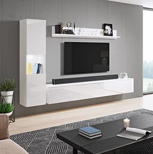 Conjunto de Muebles de salón Paris, iluminación LED Opcional, Juego de Muebles de salón, Muebles de salón Modernos (Blanco/Blanco Brillo)
