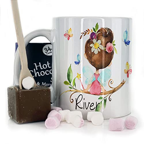 Personalised Easter Gift Set: Custom Name Mug (11oz) With Milk Chocolate Egg - White, Yellow, Blue, Black, Pink With Butterfly Tree Fairy Design