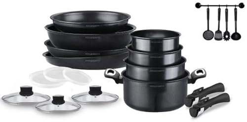 Arthur Martin AM462B Batterie de cuisine amovible 20 pièces Aluminium avec revêtement anti adhérent Poignée amovible tous feux dont induction