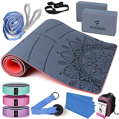 FARINOK Dicke 1/3-Yogamatte, Yoga-Set und Sets für Anfänger, inklusive Yogamatte mit mehreren Schlaufen, Yoga-Blöcke, Widerstandsband-Set und Türanker, 9 mm, Blau und Rot
